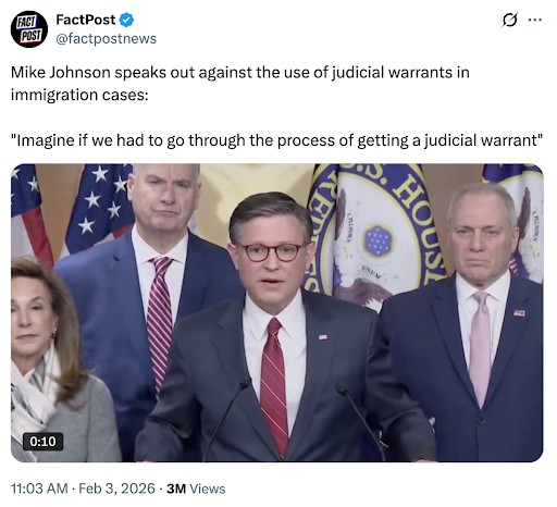 'Speaker Johnson on FactPost via Twitter/X: Imagine if we had to go through the process of getting a judicial warrant'
