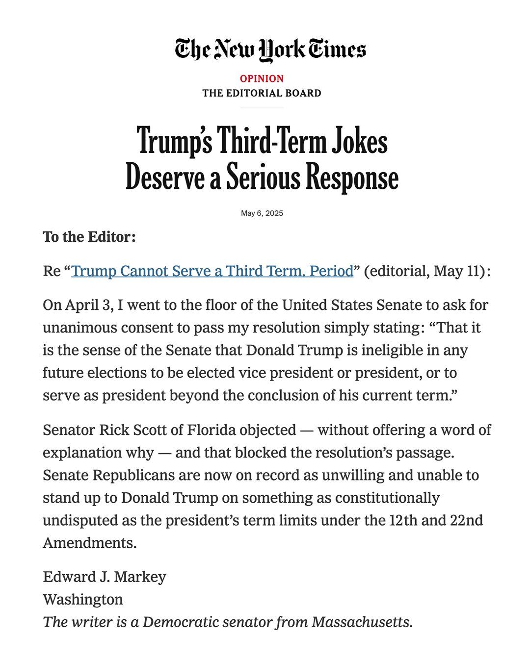 'Ed Markey's Letter to the Editor in response to an article titled: Trump's Third-Term Jokes Deserve a Serious Response'
