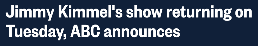 Headline: 'Jimmy Kimmel's show returning on Tuesday'
