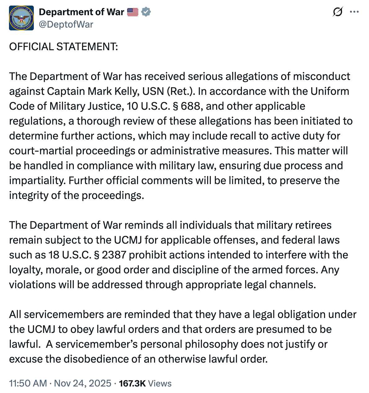 'Post from the Department of War'