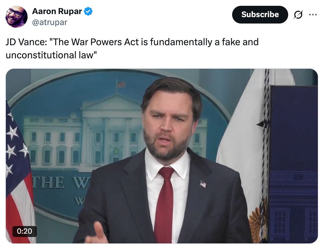 Screenshot of JD Vance saying the War Powers Act is 'a fundamentally fake and unconstitutional law'